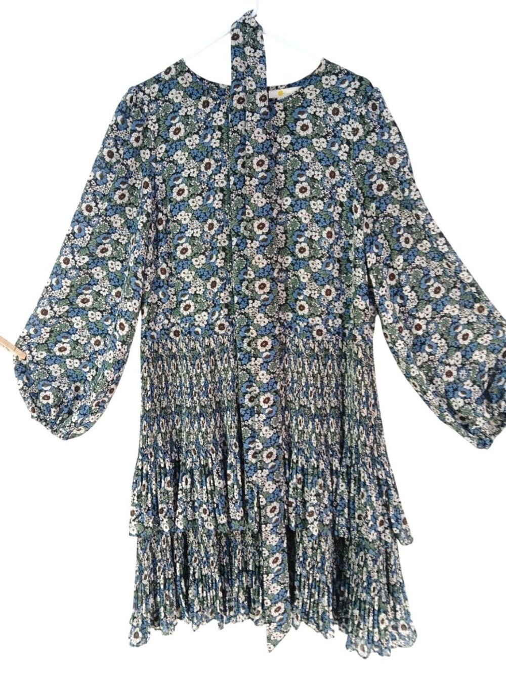 Boden Floral Tiered Long Sleeve Dress US 14 Blue Green Multicolor Plisse Mini - Picture 2 of 16
